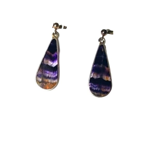 Vintage Boho Rare Sterling Silver Blue John Gemstone Purple Drop Dangle Earrings - Picture 2 of 10